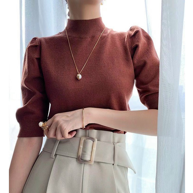 Áo len dệt kim cổ cao tay lỡ bồng (hàng QC) - Áo lên tay phồng | BigBuy360 - bigbuy360.vn