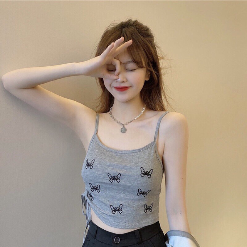 Áo Bra 2 Dây Dáng Croptop Dây Rút Sườn Hoạ Tiết Hình Bướm có 3 màu đen, ghi, trắng chất đẹp