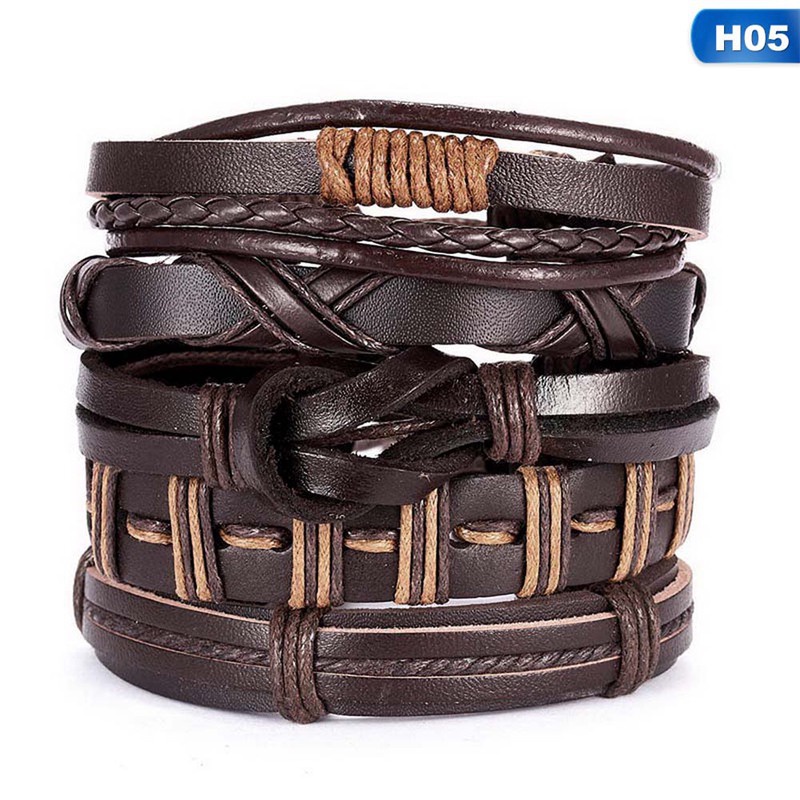 Set 5 Vòng Tay Da Nhiều Lớp Đính Hình Chim Cú Và Lá Cây Cho Nam Và Nữ