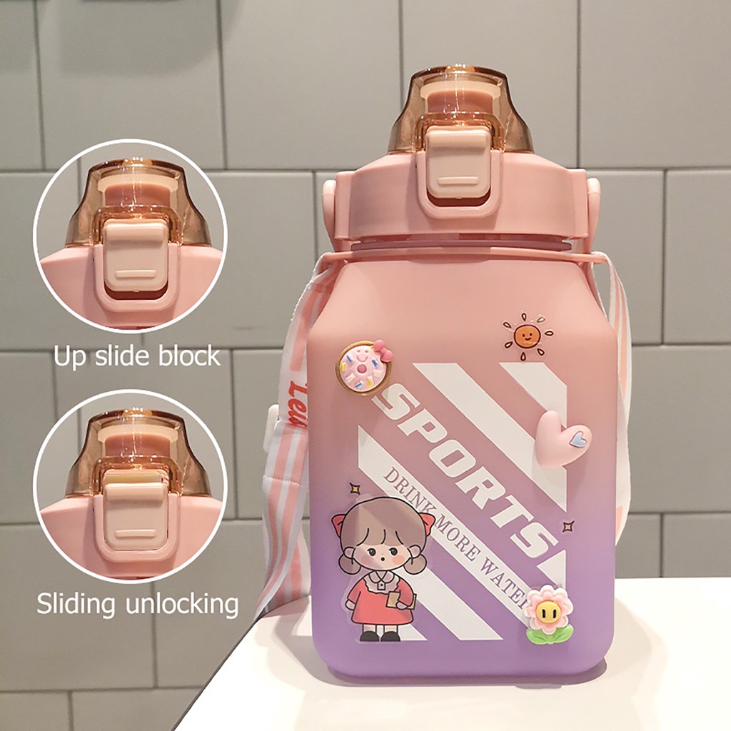 Bình đựng nước 1.5L - Bình nước thể thao dáng vuông có quai đeo tặng kèm ống hút và sticker dán nổi (BN15L)