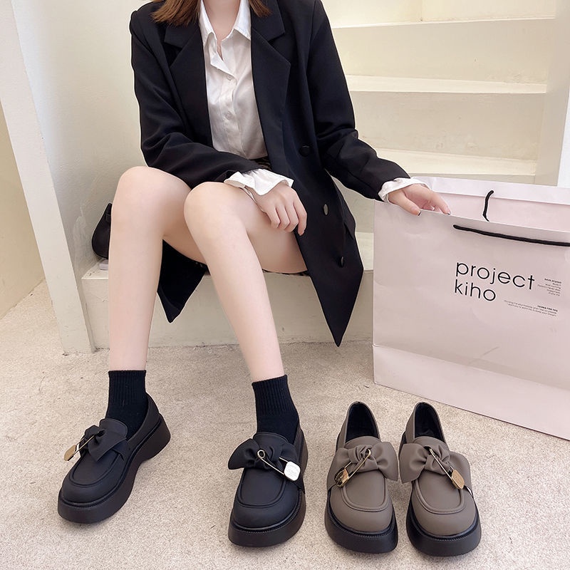 2023 Giày Da Mũi Tròn Thắt Nơ Phong Cách Retro Hàn Quốc Dành Cho Nữ Mary Jane Giày đế bệt