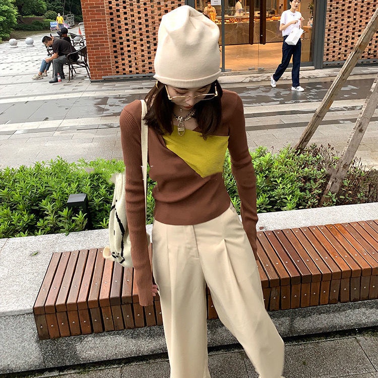 Áo thun tay dài dáng ôm màu sắc tương phản thời trang cho nữ 2021Fall