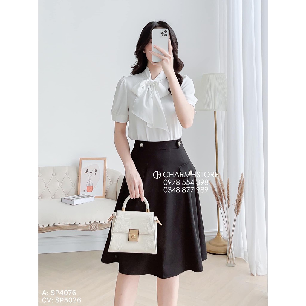 Áo sơ mi nữ trơn tay ngắn phối cổ nơ xinh xắn 4076