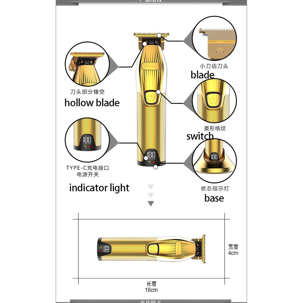 Tông Đơ Cắt Tóc Kemei Pro Vỏ Kim Loại Màu Vàng Thiết Kế Lưỡi Cắt Chữ T Không Khoảng Cách Cho Những Cạnh Khó Chạm Đến