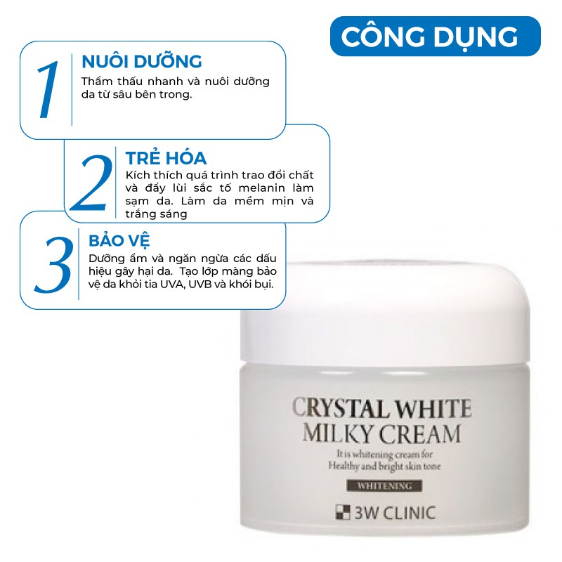 Kem dưỡng trắng da nâng tone 3W Clinic Crystal White Milky Cream Hàn Quốc 50g