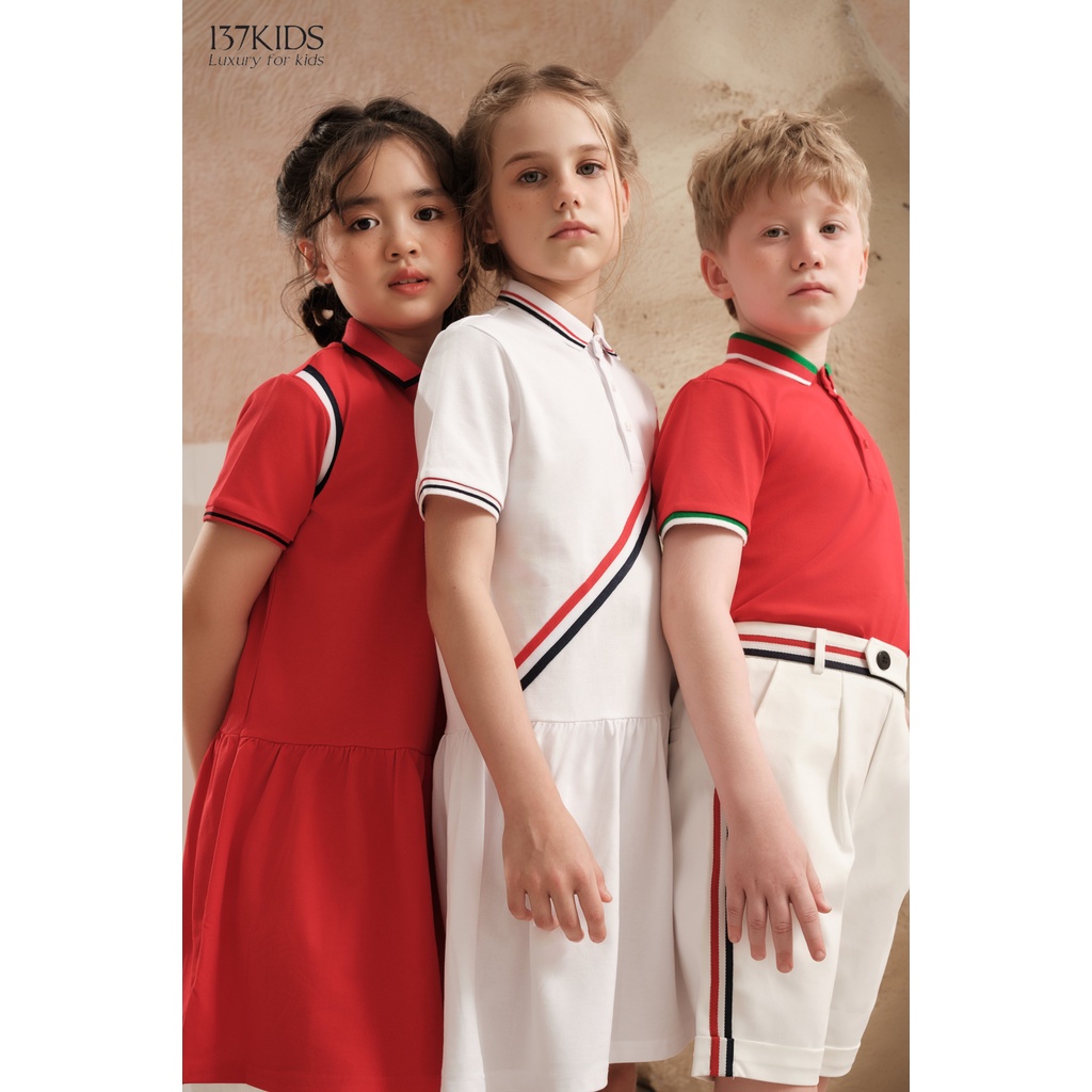 Váy polo đỏ sọc vai thiết kế 137Kids chất cotton thấm hút mồ hôi tốt cho bé gái đi chơi đi học