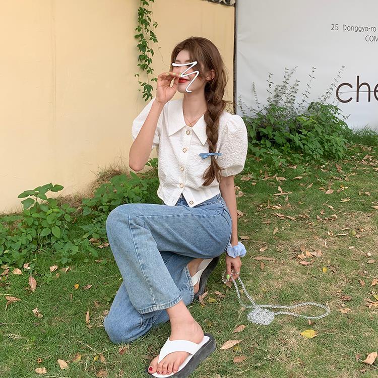 Áo sơ mi BH tay phồng cổ bẻ chất vải kiểu nhăn thời trang Pháp cho nữ