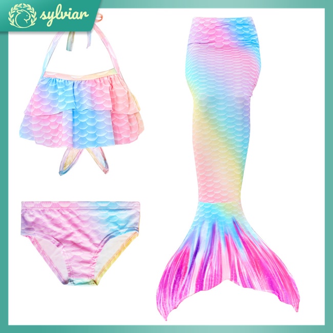 Bộ Đồ Bơi 3 Mảnh Họa Tiết Nàng Tiên Cá Màu Sắc Gradient Dành Cho Bé 3-12 Tuổi
