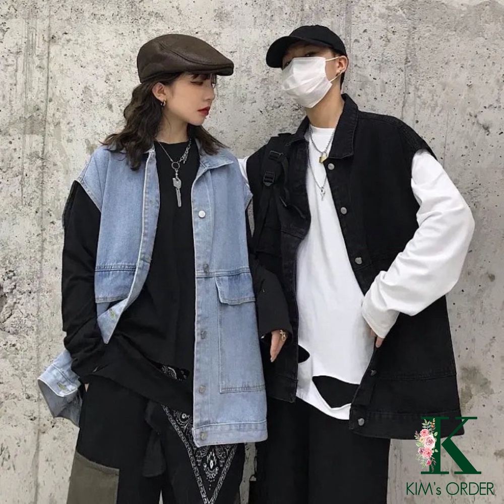 Áo khoác nữ jean màu xanh đen sát nách phom rộng nam nữ Unisex phong cách bụi bặm cực chất Ulzzang Hàn Quốc