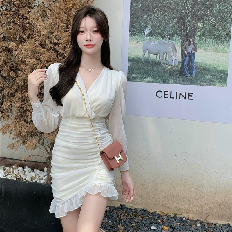 IELGY Đầm Chiffon Trắng Tay Phồng Cổ Chữ V Dáng Ôm Thời Trang Hàn Quốc Cho Nữ