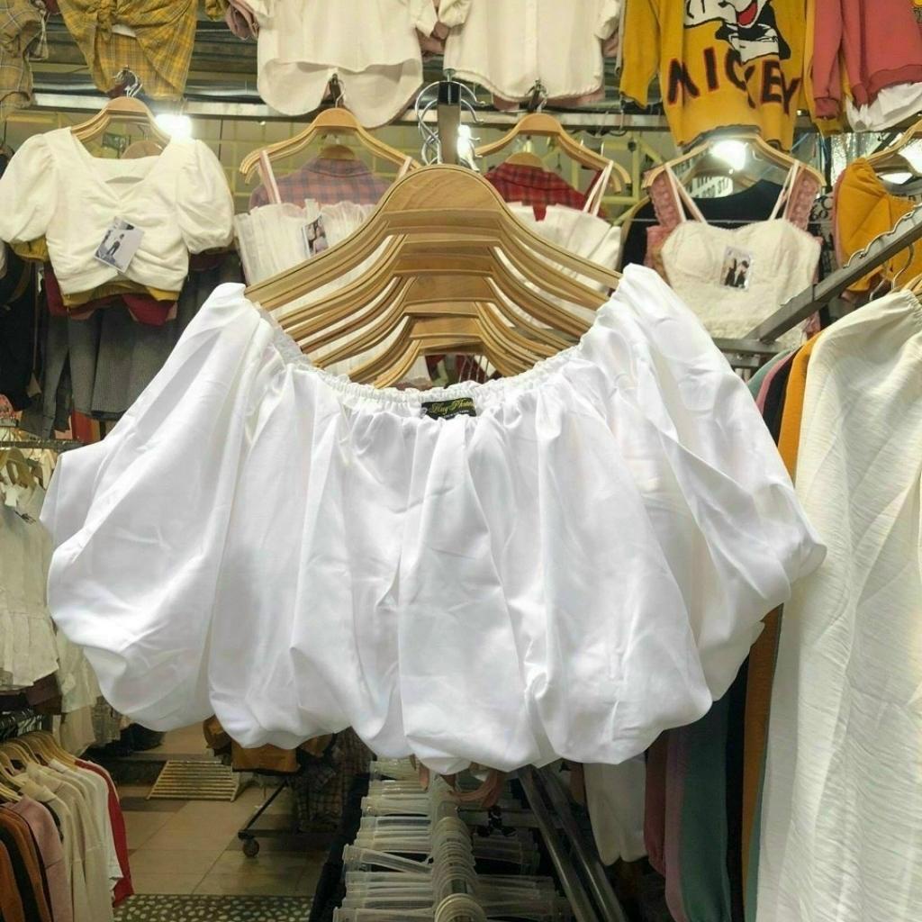 Áo croptop trễ vai tay phồng Xquin áo kiểu nữ bẹt vai tay phồng 2 lớp nhún lưng ôm dáng bánh bèo
