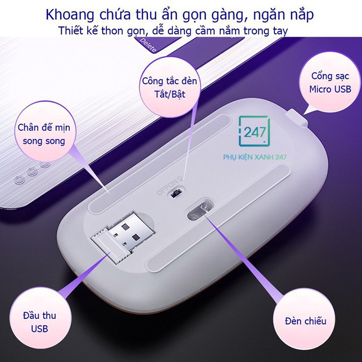 Chuột máy tính, chuột không dây đèn led, siêu chống ồn, chức năng 𝐏𝐈𝐍 𝐒𝐀̣𝐂, thiết kế mỏng nhẹ - BH 1 ĐỔI 1