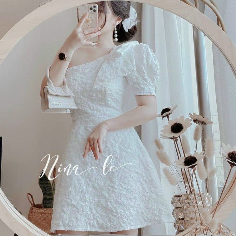 Đầm dự tiệc Gấm Nơ Lệch Vai