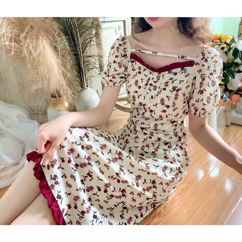 đầm bông lụa dáng suông cổ trễ ngắn tay