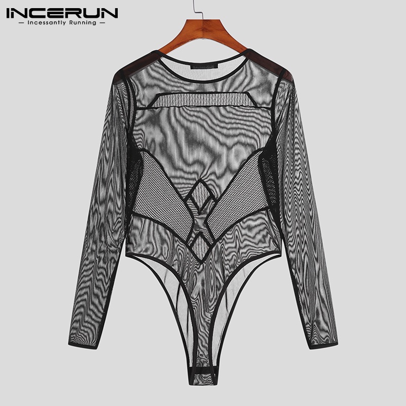 Bộ áo liền quần INCERUN tay dài xuyên thấu gợi cảm cho nam