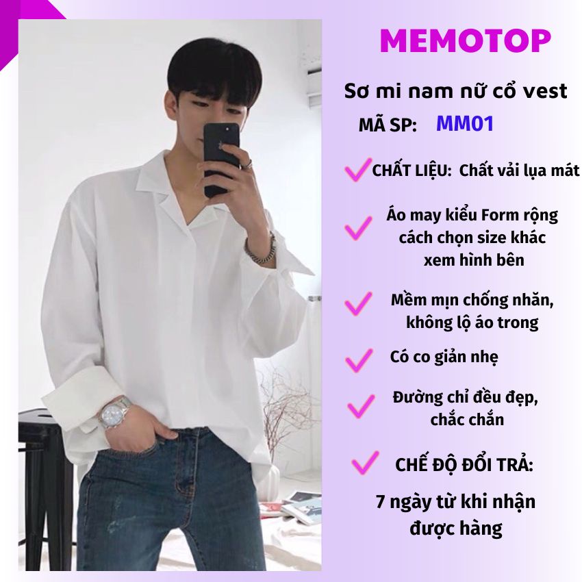 Áo sơ mi nam nữ form rộng có big size trắng đen kiểu cổ vest hàn quốc MEMOTOP MM01