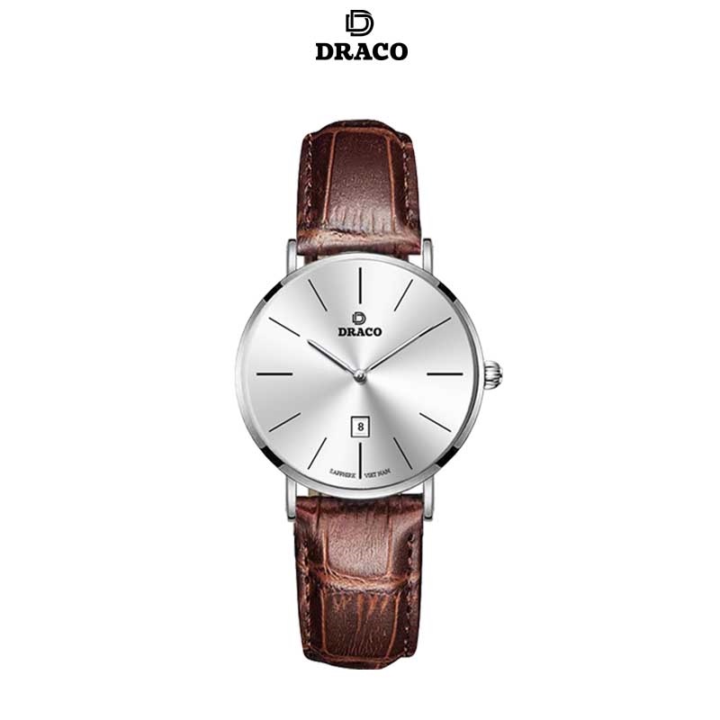 Đồng hồ nữ Draco D22-STN02 &quot;Classic Girl&quot; trắng kết hợp chất liệu dây da bò màu nâu - phụ kiện thời trang nữ nhẹ nhàng