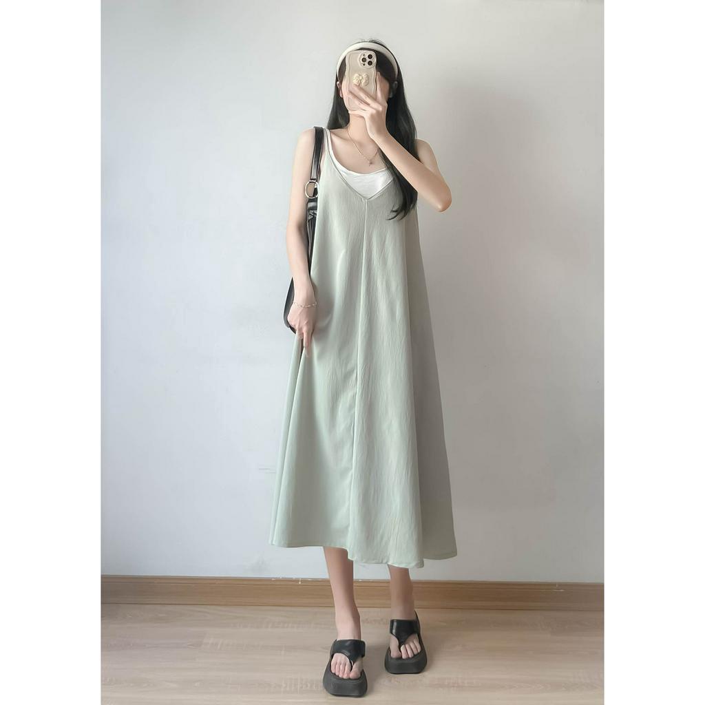 Đầm dài 2 dây dáng xoè vintage EMIX, váy 2s maxi phong cách basic, quyến rũ, cổ tim, FREESIZE dưới 57kg chất đũi 8907