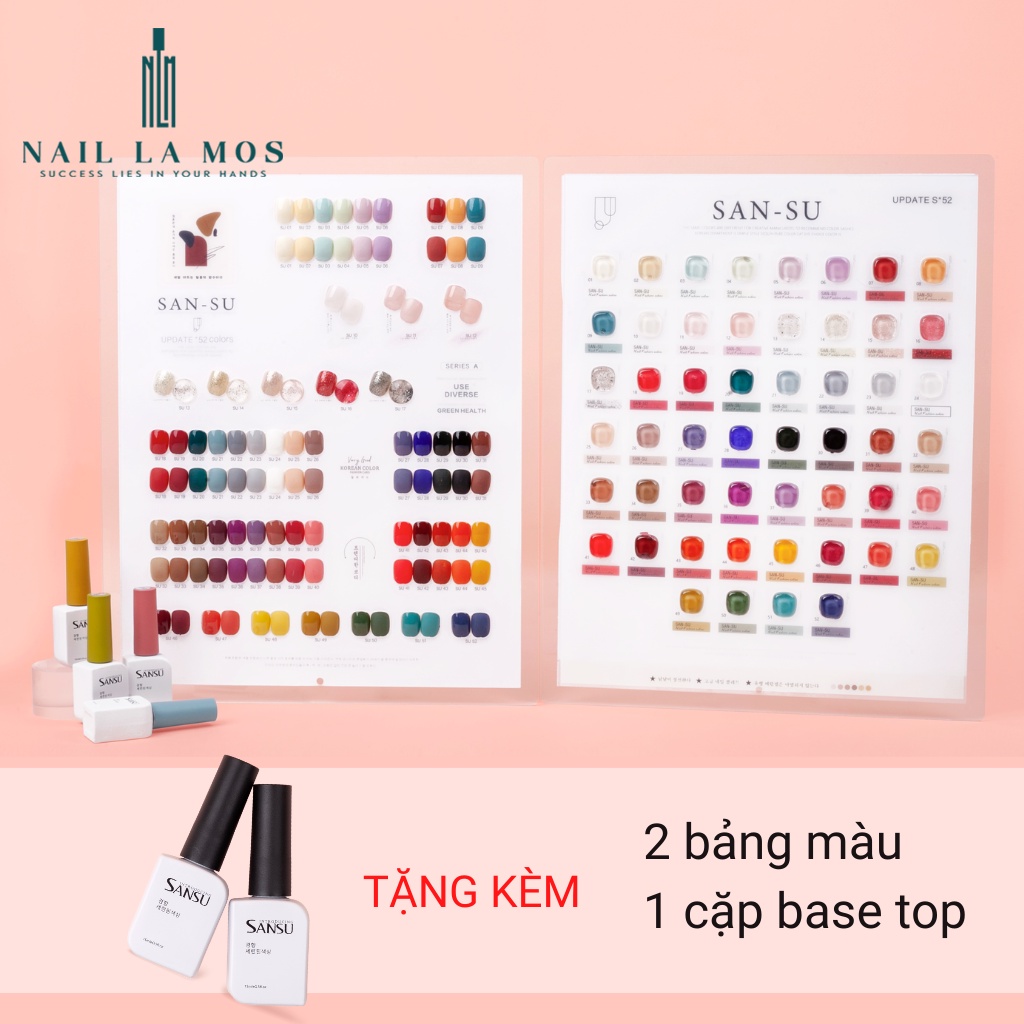 Set sơn gel Sansu 52 màu chính hãng phiên bản 2.0 mix tone màu Hàn Quốc (tặng kèm 2 bảng màu mica + 1 cặp base top)