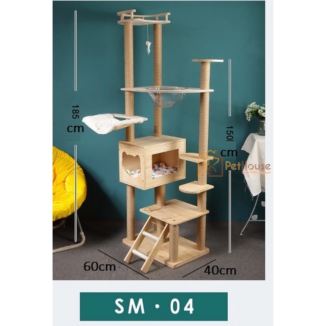 Nhà cây cho mèo đa năng loại lớn có cào móng và nhà nghỉ cattree sản gỗ thông tự nhiên