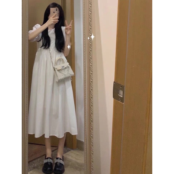 Đầm dài ngang gối màu trắng phong cách retro thời trang cho nữ