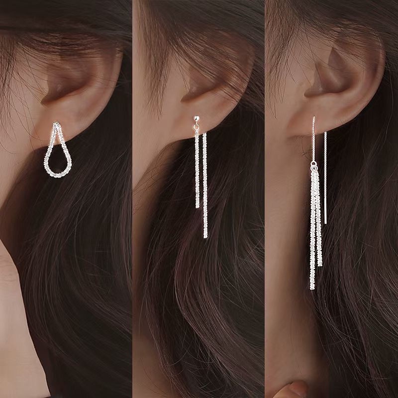 Bông Tai Mạ Bạc 925 Dáng Dài Đính Đá Lấp Lánh Đa Năng Thời Trang Dự Tiệc Cho Nữ