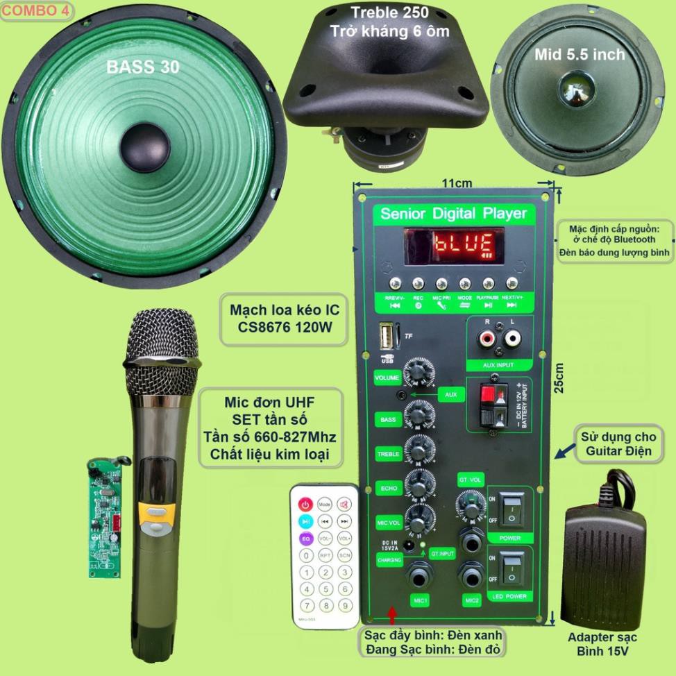 Mạch loa kéo 3 tấc đơn 3 đường tiếng CS8676 công suất 120W kèm Bass 3 tấc màng xanh