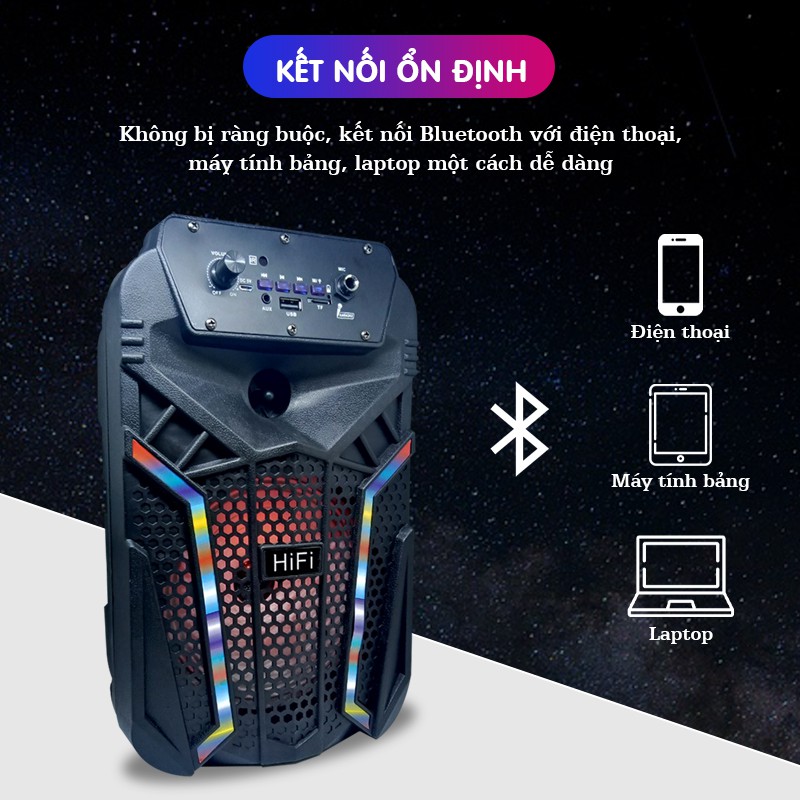 Loa bluetooth BT-606 tặng kèm Micro karaoke thoải mái, remote điều khiển từ xa tiện lợi, âm thanh HIFI, có đèn LED 7 màu
