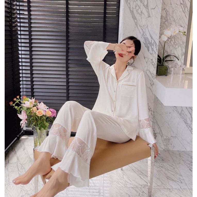 Pijama dài dài trơn trắng lụa satin cao cấp quảng châu