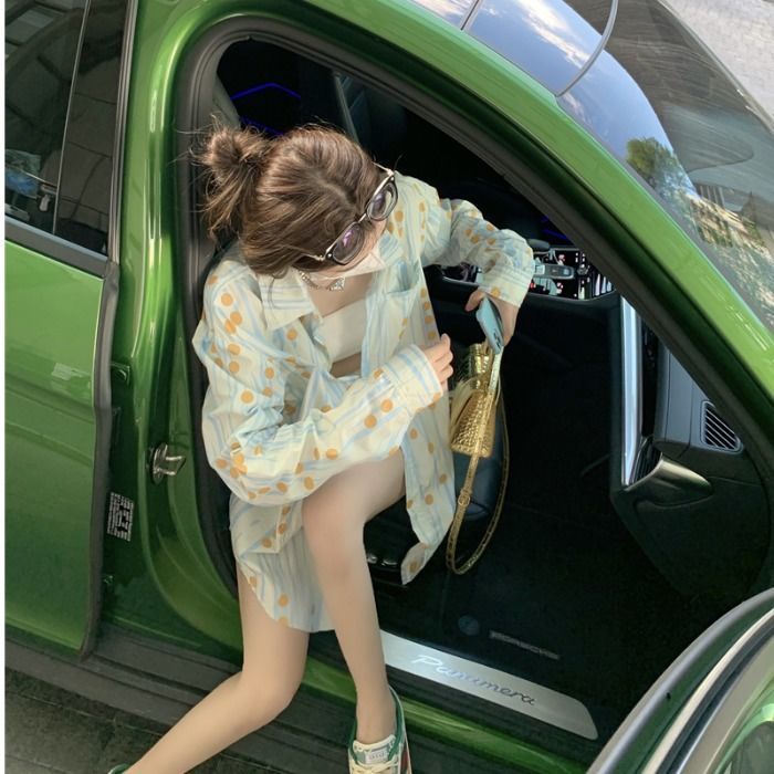 Áo Sơ Mi Tay Dài Dáng Rộng Họa Tiết Chấm Bi Thiết Kế Mới Phong Cách Hàn Quốc