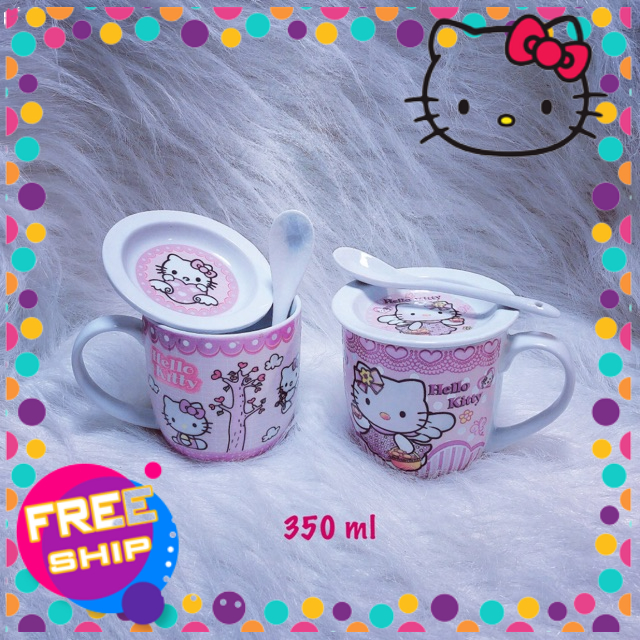 Ly cốc sứ Hello Kitty có nắp và thìa