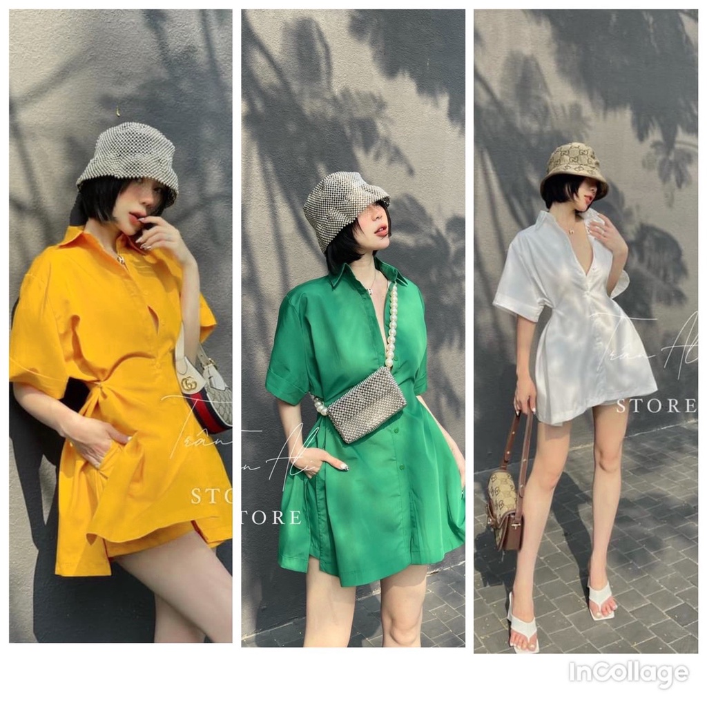 Sét sơ mi váy chiết eo xẻ tà mix quần đùi quần sooc short vải mềm mướt