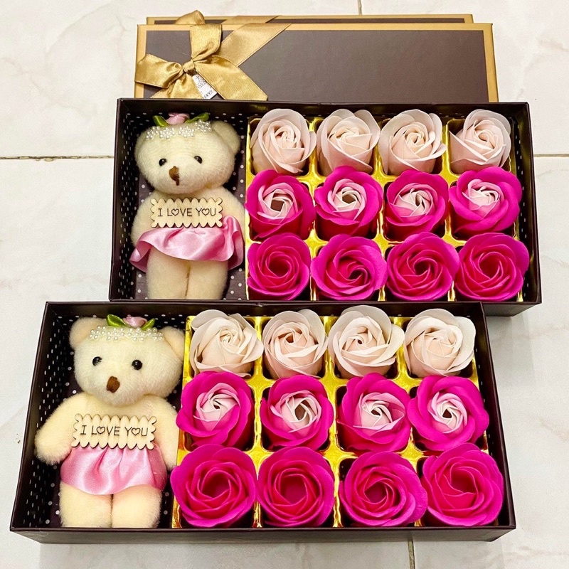 🌺Hộp hoa Hồng sáp kèm gấu bông dễ thương 🌺