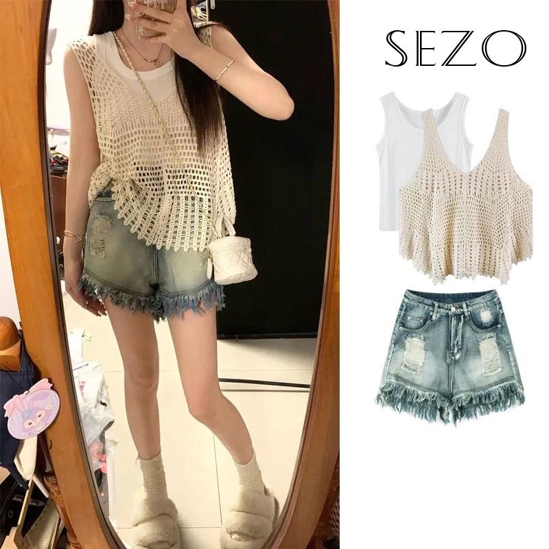 QKOOLE  Set Áo Lửng Hai Dây + Áo Sơ Mi Dài Tay Phong Cách Hàn Quốc Dành Cho Nữ