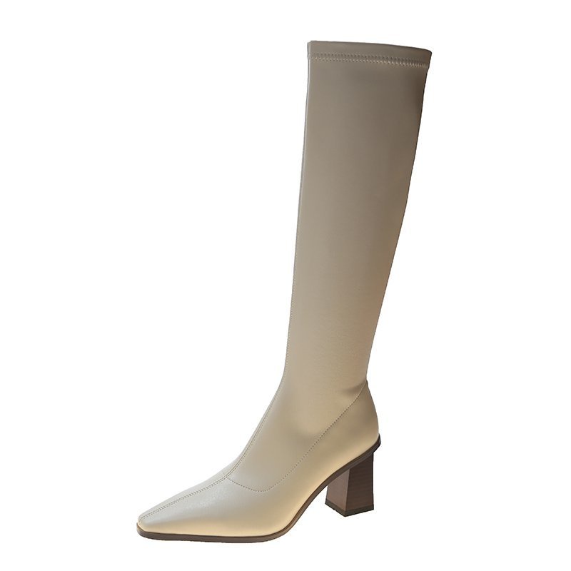 Giày boots cao gót mũi nhọn da lì cổ lửng dưới gối  khóa bên Hàn Quốc
