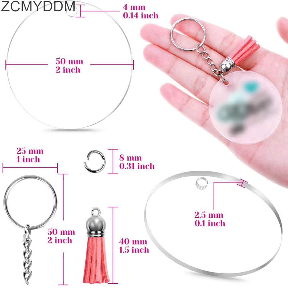 Set 120 Móc Khóa Hình Tròn Bằng Acrylic Trong Suốt Phối Da Tua Rua DIY