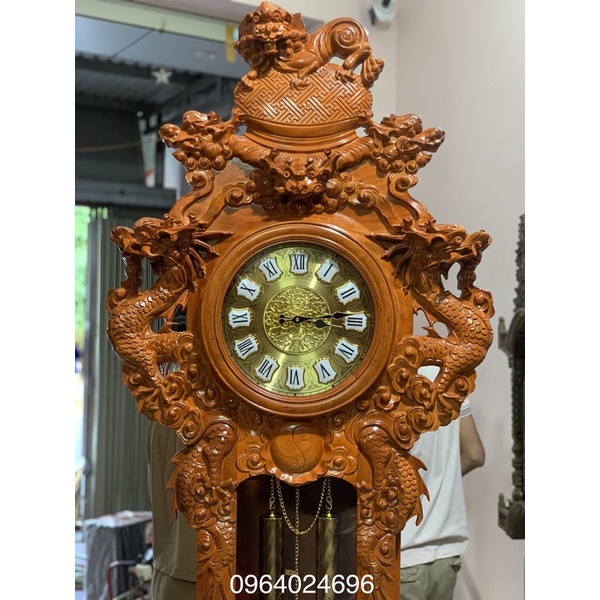 Đồng hồ rồng đỉnh gỗ hương đá 2m08/80/45