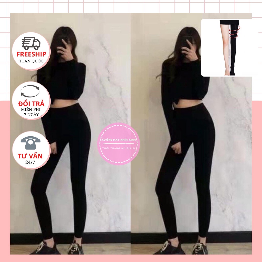 Quần Legging Giúp Thon Chân - Quần Legging Dài Nữ Cạp Cao Nâng Mông Vải Cotton Co Giản 4 Chiều Siêu Tôn Dáng Màu Đen