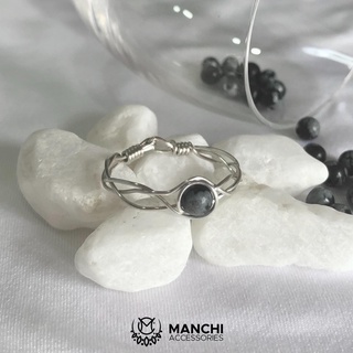 Nhẫn đá Snowflake Obsidian handmade dây màu bạc