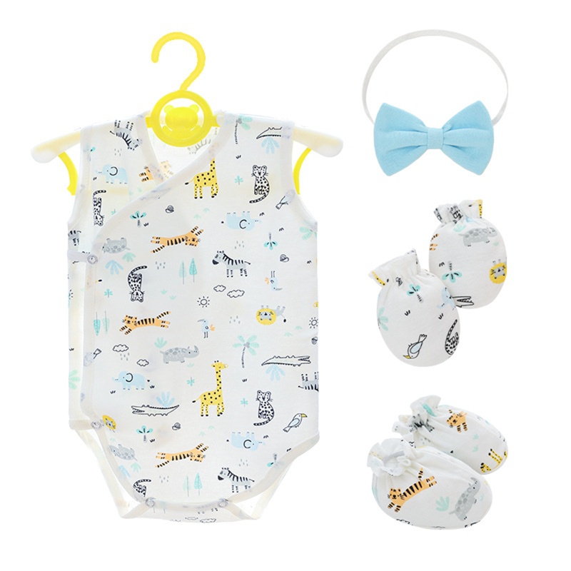 Bộ 4 Món Áo Liền Quần Sát Nách Kèm Găng Tay Và Băng Đô In Hoạt Hình Dễ Thương Cho Bé Sơ Sinh
