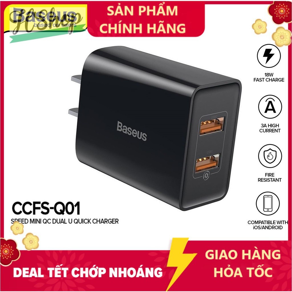 Củ Sạc Nhanh 2 cổng Speedmini 18w /  Baseus Transun Series Dual-U xoay 180 độ quick Charge 3A /2.4A - Bảo hành 12 tháng