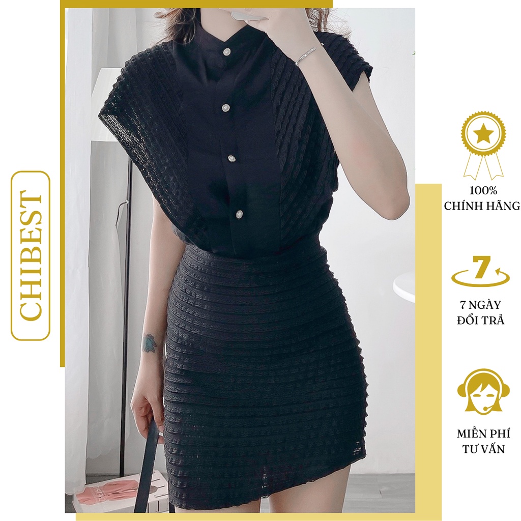 Set bộ nữ chân váy chữ A ren xốp kèm áo cổ trụ tay cánh tiên CHIBEST LSB74