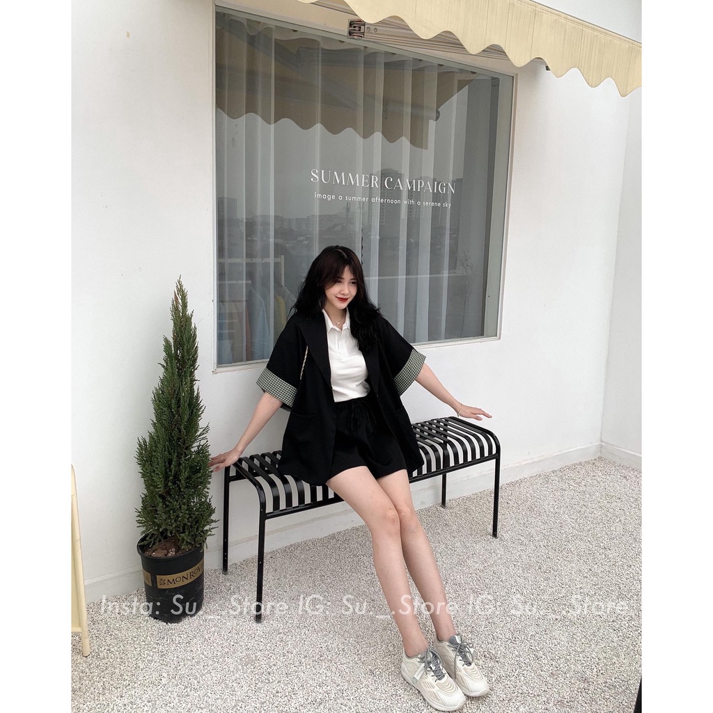 Set áo blazer tay pha kẻ kèm quần S323 SUSTORE