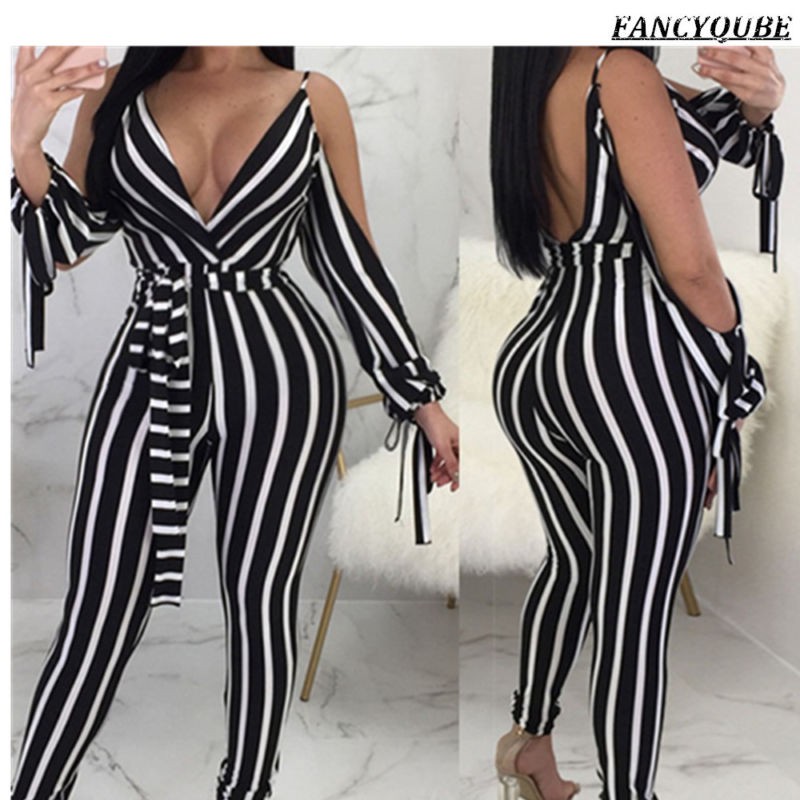 Jumpsuit Ôm Sát Hoạ Tiết Kẻ Sọc Thiết Kế Hở Lưng Quyến Rũ | BigBuy360 - bigbuy360.vn