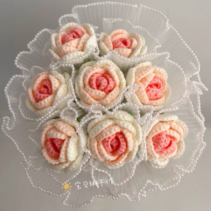 LẺ 1 hoa hồng móc bằng len kèm túi +đèn led xinh xắn làm quà tặng