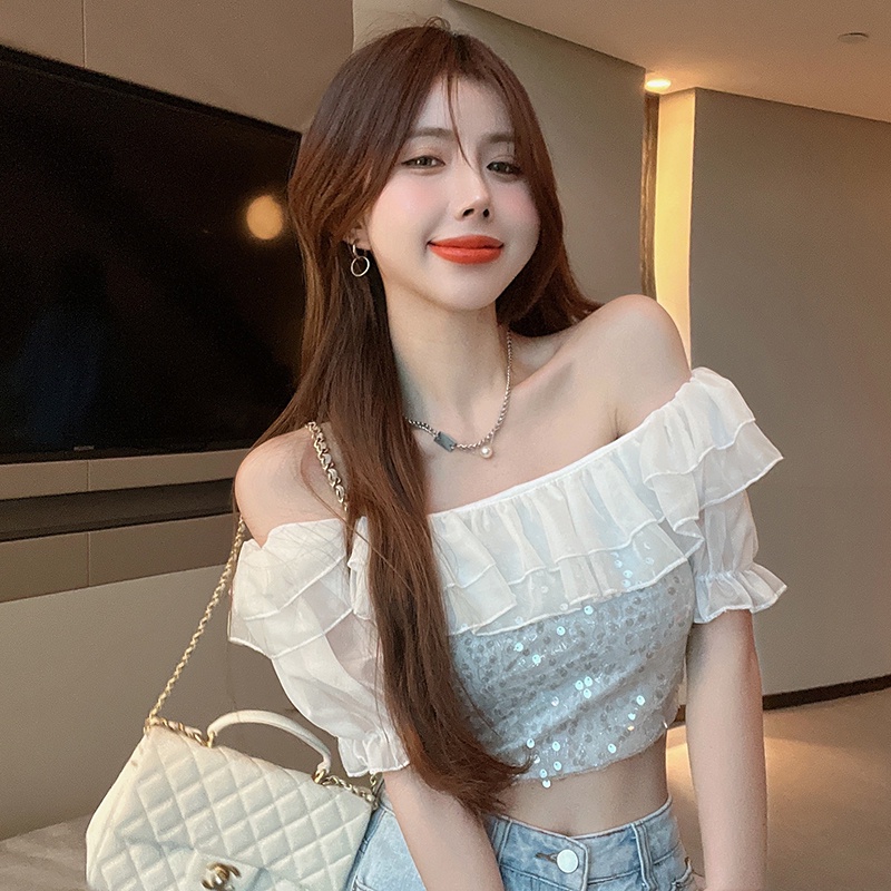 Áo Chiffon Tay Ngắn Hở Vai Đính Kim Sa Lấp Lánh Quyến Rũ Dành Cho Nữ