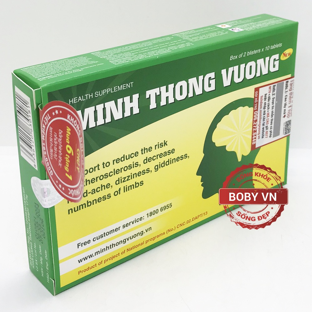 Minh Thông Vương hỗ trợ giảm nguy cơ xơ vữa động mạch, giảm đau đầu, hoa mắt, chóng mặt (Hộp 2 vỉ x 10 viên nén) - Boby