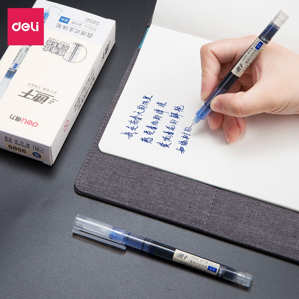 Bút bi nước mực gel nhanh khô ngòi 0.5mm Deli viết thư pháp cho học sinh văn phòng màu xanh đen đỏ ống mực liền S856