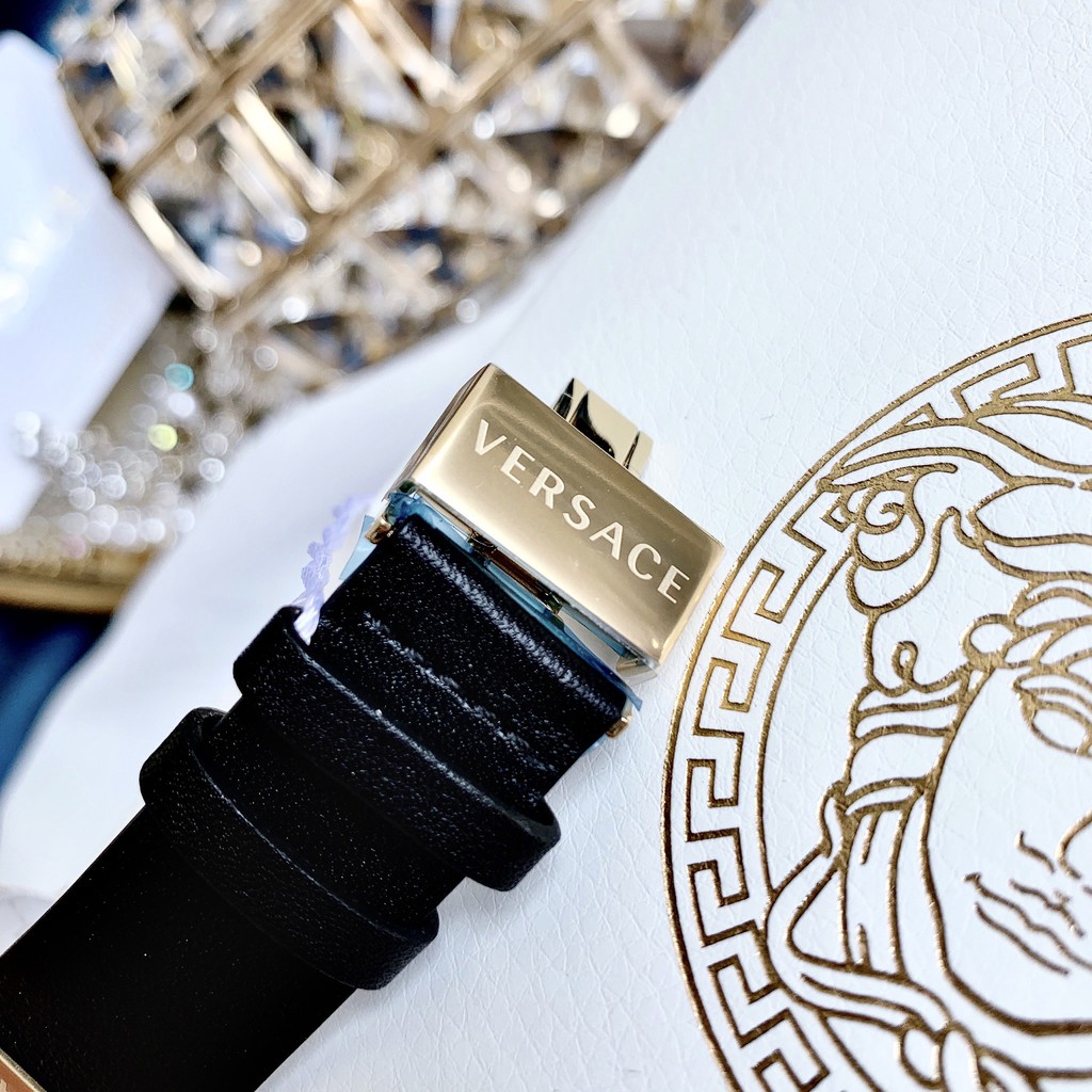 Đồng hồ nữ chính hãng Versace Greca Logo - Máy Quartz pin Thụy Sĩ - Kính Sapphire - Dây da đen