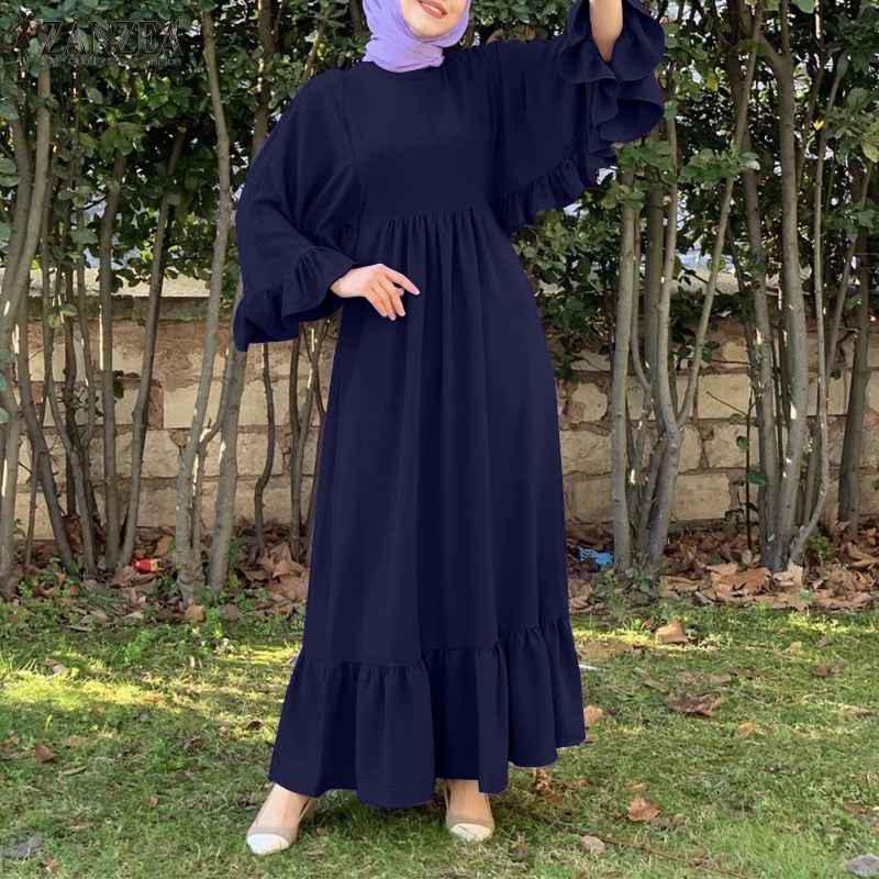 Đầm dài ZANZEA tay diềm xếp nếp búp bê dành cho phụ nữ Hồi giáo